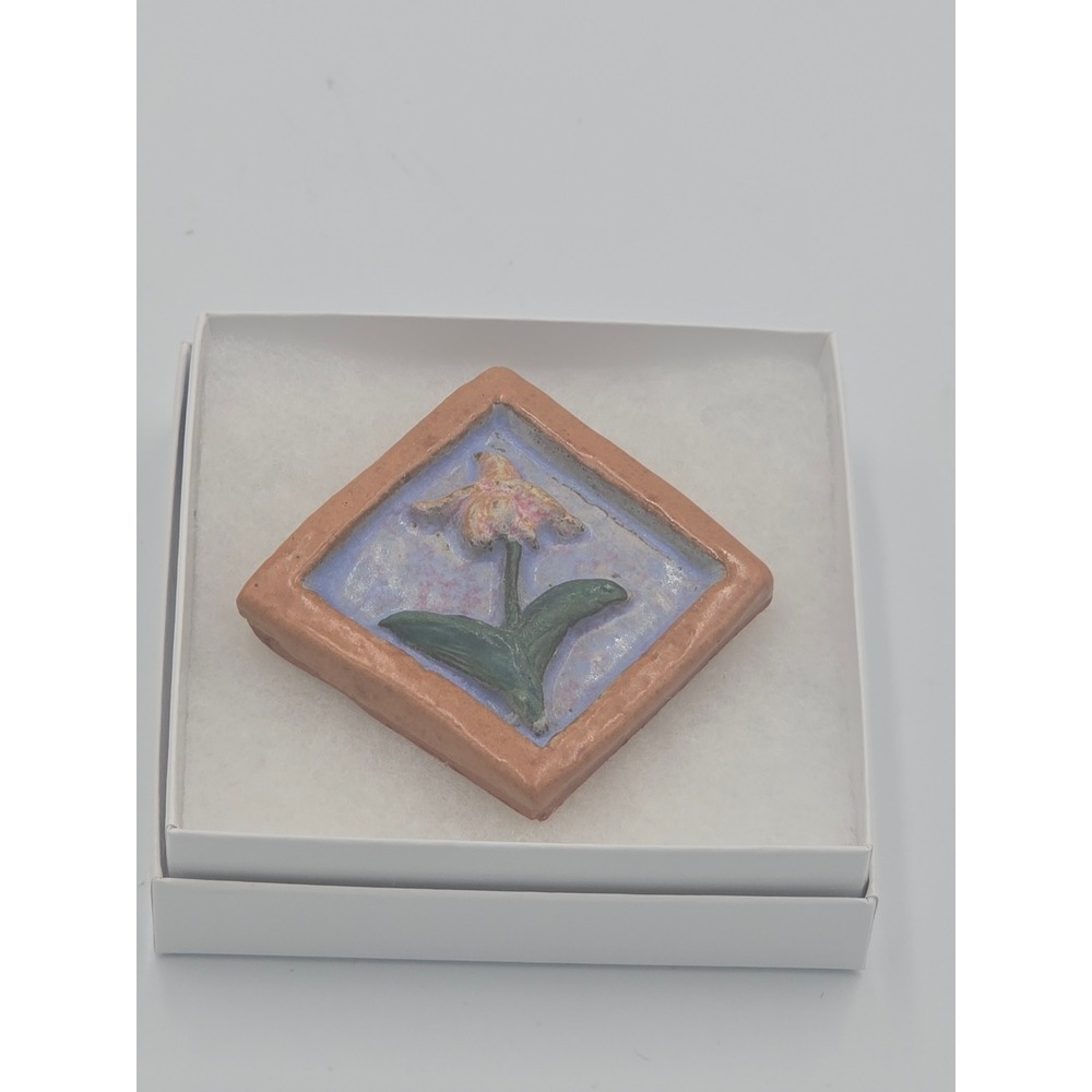 Handmade Studio Art Pottery Tile Terracotta Floral Raised Relief Wall Hang Art